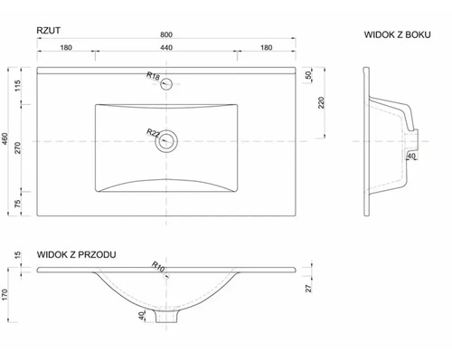 Dessin technique d'un lavabo avec les dimensions en vue de dessus, de profil et de face.
