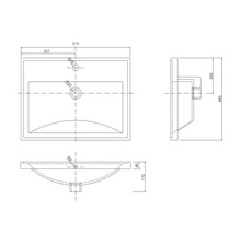 Dessin technique d'un lavabo avec les dimensions 615 millimètres de largeur, 465 millimètres de profondeur et 170 millimètres de hauteur.