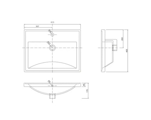 Dessin technique d'un lavabo avec les dimensions 615 millimètres de largeur, 465 millimètres de profondeur et 170 millimètres de hauteur.