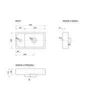 Dessin technique d'un lavabo rectangulaire avec dimensions 400 par 220 par 112 millimètres, vues de dessus, de profil et de face.