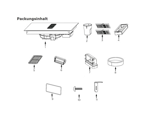 Packungsinhalt eines Induktionskochfelds mit integriertem Dunstabzug inklusive Filter, Montagematerial und Zubehörteilen.