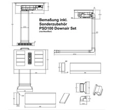 Technische Zeichnung mit Bemassungen in Millimeter für das Downair-Set PSD100 inklusive Sonderzubehör und verschiedenen Systemkomponenten.