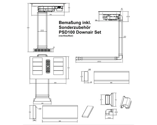Technische Zeichnung mit Bemassungen in Millimeter für das Downair-Set PSD100 inklusive Sonderzubehör und verschiedenen Systemkomponenten.