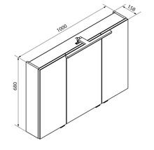 Armoire de toilette avec éclairage, trois portes, largeur 1000 millimètres, hauteur 680 millimètres, profondeur 158 millimètres.