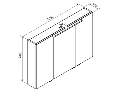 Armoire de toilette avec éclairage, trois portes, largeur 1000 millimètres, hauteur 680 millimètres, profondeur 158 millimètres.