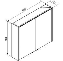Dessin technique d une armoire de toilette à deux portes, largeur 800 millimètres, hauteur 683 millimètres, profondeur 165 millimètres.