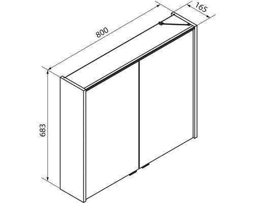 Dessin technique d une armoire de toilette à deux portes, largeur 800 millimètres, hauteur 683 millimètres, profondeur 165 millimètres.