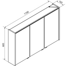 Plan coté d une armoire de toilette à trois portes, largeur 1100 millimètres, hauteur 683 millimètres, profondeur 165 millimètres.