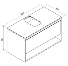 Dessin technique d'un meuble sous-vasque avec dimensions : largeur 934, profondeur 455 et hauteur 523. Comprend un tiroir et un compartiment ouvert.