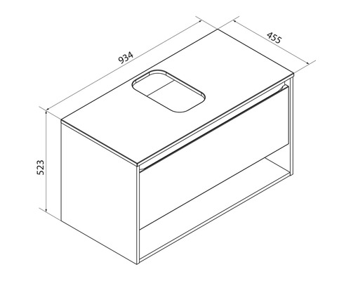 Dessin technique d'un meuble sous-vasque avec dimensions : largeur 934, profondeur 455 et hauteur 523. Comprend un tiroir et un compartiment ouvert.