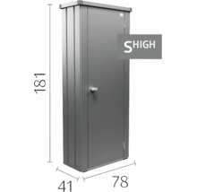 Armoire de jardin en métal avec une porte, dimensions 181 par 78 par 41 centimètres, incluant SHIGH Logo.