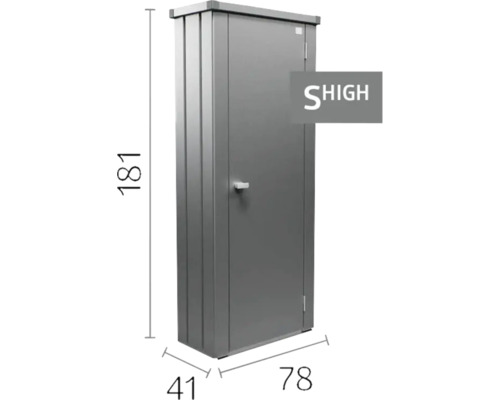 Armoire de jardin en métal avec une porte, dimensions 181 par 78 par 41 centimètres, incluant SHIGH Logo.