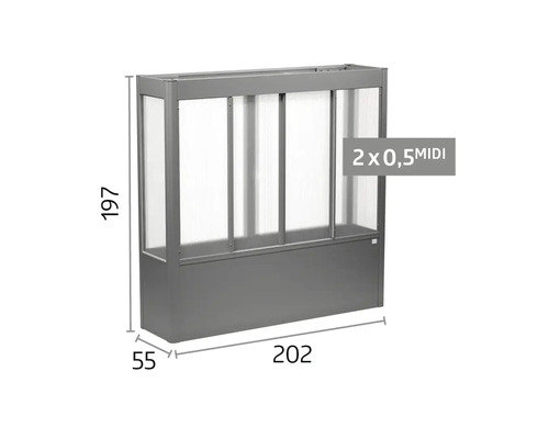 Hochbeet mit Gewächshausaufsatz aus Metall und transparenten Platten, Breite 202 Zentimeter, Tiefe 55 Zentimeter, Höhe 197 Zentimeter.
