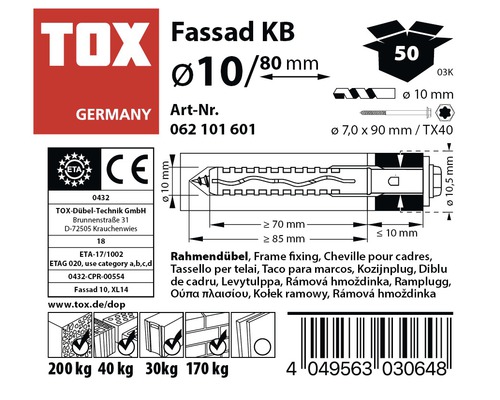 Emballage de chevilles TOX Fassad KB avec détails techniques et indications de taille