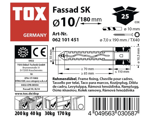 Technische Daten für Tox Fassad SK Dübel