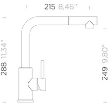 Dessin technique d'un robinet de cuisine avec dimensions : hauteur 288 millimètres, hauteur du bec 249 millimètres et saillie 215 millimètres.