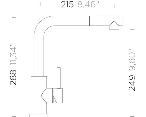 Dessin technique d'un robinet de cuisine avec dimensions : hauteur 288 millimètres, hauteur du bec 249 millimètres et saillie 215 millimètres.