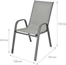 Chaise de jardin empilable en métal: hauteur 930 millimètres, largeur 540 millimètres, profondeur 750 millimètres, hauteur assise 450 millimètres.