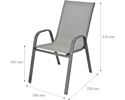 Chaise de jardin empilable en métal: hauteur 930 millimètres, largeur 540 millimètres, profondeur 750 millimètres, hauteur assise 450 millimètres.