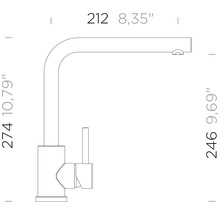 Dessin technique d un mitigeur de cuisine avec bec en L. Hauteur 274 millimètres, saillie 212 millimètres, hauteur du bec 246 millimètres.