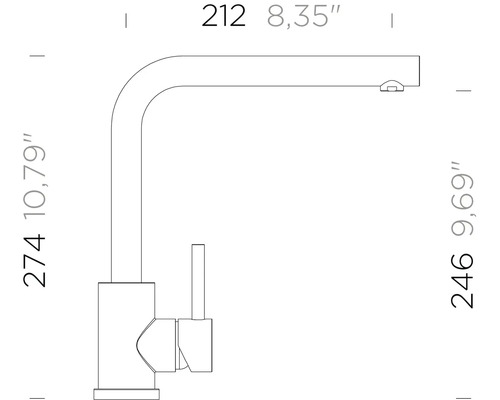 Dessin technique d un mitigeur de cuisine avec bec en L. Hauteur 274 millimètres, saillie 212 millimètres, hauteur du bec 246 millimètres.
