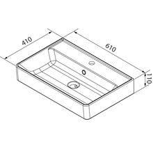 Dessin technique d'un lavabo rectangulaire avec des dimensions de 610 millimètres par 410 millimètres par 110 millimètres.