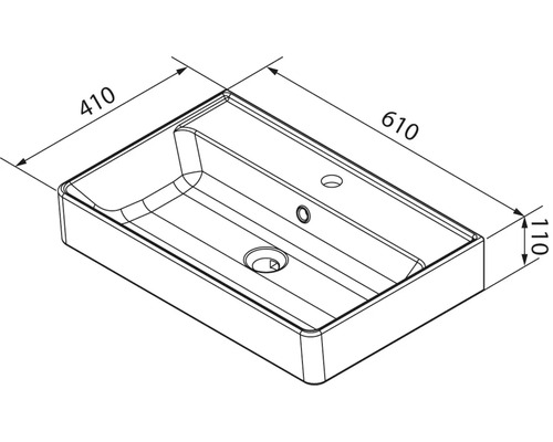 Dessin technique d'un lavabo rectangulaire avec des dimensions de 610 millimètres par 410 millimètres par 110 millimètres.