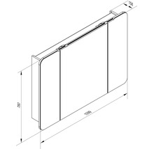 Armoire de toilette avec trois portes et éclairage, dimensions largeur 1099 millimètres, hauteur 780 millimètres, profondeur 158 millimètres.