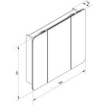 Dessin technique d'une armoire de toilette à trois portes : largeur 899 millimètres, hauteur 780 millimètres, profondeur 158 millimètres.