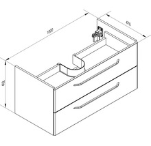 Technische Zeichnung eines Waschbeckenunterschranks mit zwei Schubladen. Breite 1000 Millimeter, Höhe 492 Millimeter, Tiefe 476 Millimeter.