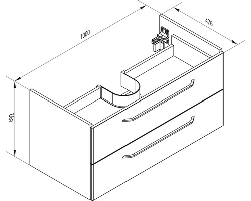 Technische Zeichnung eines Waschbeckenunterschranks mit zwei Schubladen. Breite 1000 Millimeter, Höhe 492 Millimeter, Tiefe 476 Millimeter.