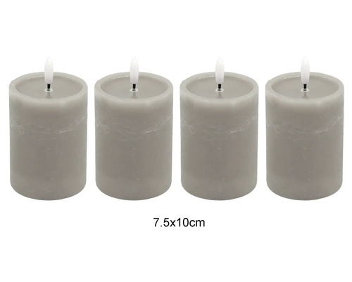 4er-Set LED-Stumpenkerzen, grau, Größe 7,5 mal 10 Zentimeter.