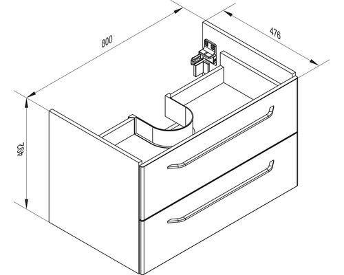 Dessin technique d'un meuble sous-lavabo avec deux tiroirs. Largeur 800 millimètres, hauteur 492 millimètres, profondeur 476 millimètres.