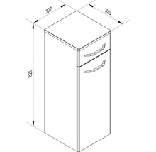 Badunterschrank mit einer Schublade und einer Tür, Maße: 826 mal 302 mal 320 Millimeter.