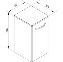 Maßzeichnung eines Schranks mit Griff. Höhe 566 Millimeter, Breite 320 Millimeter und Tiefe 302 Millimeter.