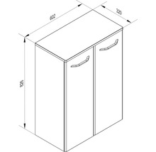 Dessin technique pour une armoire avec deux portes. Largeur 602 millimètres, profondeur 320 millimètres, hauteur 826 millimètres.