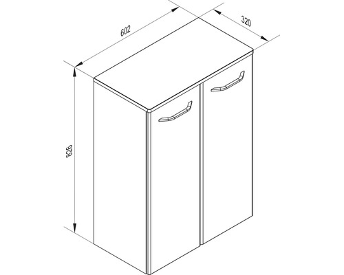 Dessin technique pour une armoire avec deux portes. Largeur 602 millimètres, profondeur 320 millimètres, hauteur 826 millimètres.