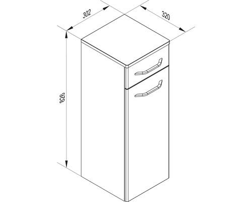 Meuble bas de salle de bain avec un tiroir et une porte, dimensions : 826 par 302 par 320 millimètres.