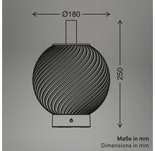 Maßzeichnung der Leuchte mit einem Durchmesser von 180 Millimeter und einer Höhe von 250 Millimeter.