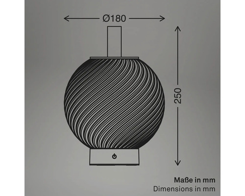 Maßzeichnung der Leuchte mit einem Durchmesser von 180 Millimeter und einer Höhe von 250 Millimeter.