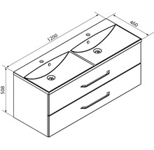Dessin technique double vasque avec meuble sous-vasque et deux tiroirs, dimensions 1200 par 460 par 508 millimètres.