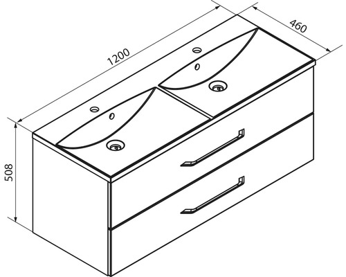 Dessin technique double vasque avec meuble sous-vasque et deux tiroirs, dimensions 1200 par 460 par 508 millimètres.