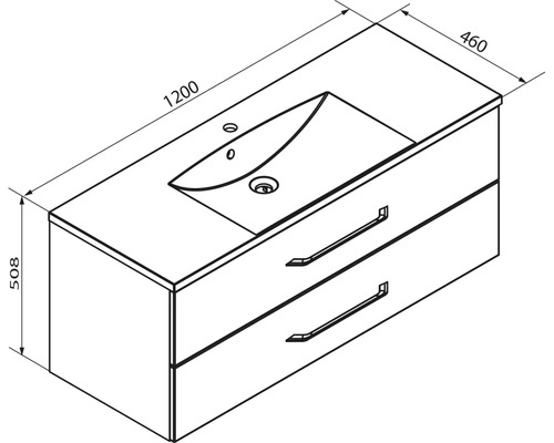 Maßzeichnung Waschtischunterschrank mit Waschbecken und zwei Schubladen, Breite 1200 Millimeter, Tiefe 460 Millimeter, Höhe 508 Millimeter.