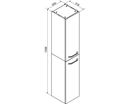 Croquis d'une armoire de salle de bain haute avec deux portes, hauteur 1588 millimètres, largeur 300 millimètres, profondeur 318 millimètres.