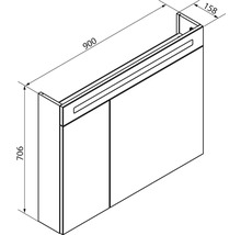 Spiegelschrank mit Beleuchtung, Breite 900 Millimeter, Höhe 706 Millimeter, Tiefe 158 Millimeter.