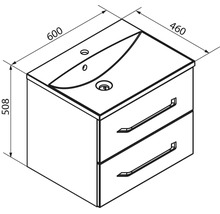 Dessin technique meuble sous vasque avec deux tiroirs et lavabo. Largeur 600 millimètres, profondeur 460 millimètres, hauteur 508 millimètres.