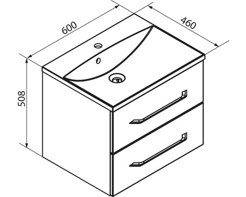 Dessin technique meuble sous vasque avec deux tiroirs et lavabo. Largeur 600 millimètres, profondeur 460 millimètres, hauteur 508 millimètres.