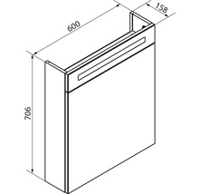 Schéma technique d'un meuble de salle de bain avec une largeur de 600 millimètres, une hauteur de 706 millimètres et une profondeur de 158 millimètres.