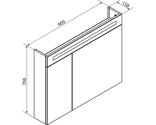 Armoire de toilette avec éclairage, largeur 900 millimètres, hauteur 706 millimètres, profondeur 158 millimètres.