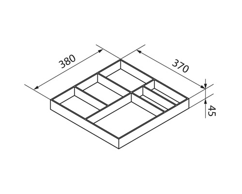 Dessin technique pour un range-couverts avec les dimensions 380 par 370 par 45 millimètres.